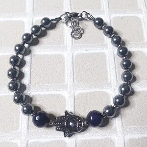 Hematite Hamsa Hand Protection Bracelet - Cool Calm & Collected - 7-8" Wrists